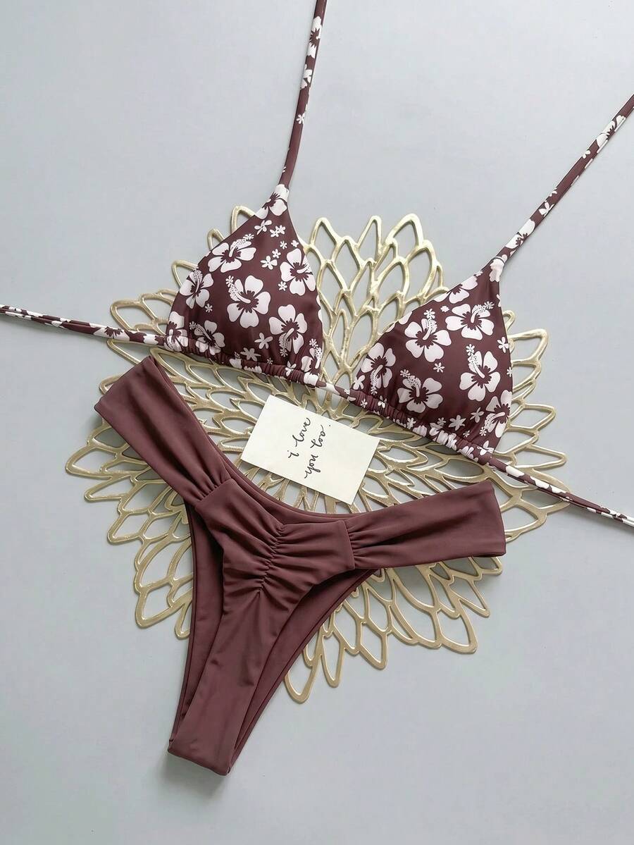 Swim Mod 26SS Spring/Summer Vacation Beach Brown Floral Print Bikini Set - Multicolor - View 1