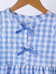 SHEIN Vintaside Kids 少女夏季新款清新田園風精緻綠白格紋兩件套，同色蝴蝶結裝飾無袖背心上衣 + 同花色寬腿長褲，甜美可愛日常穿搭，夏季風格 - 淺藍色 - 查看 5