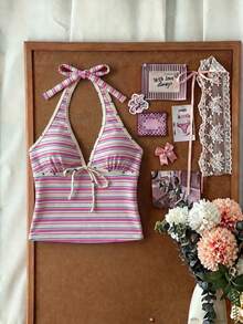 Elavelle Women's Spring/Summer Random Print Spaghetti Strap Bow Bikini Top - Multicolor - View 2