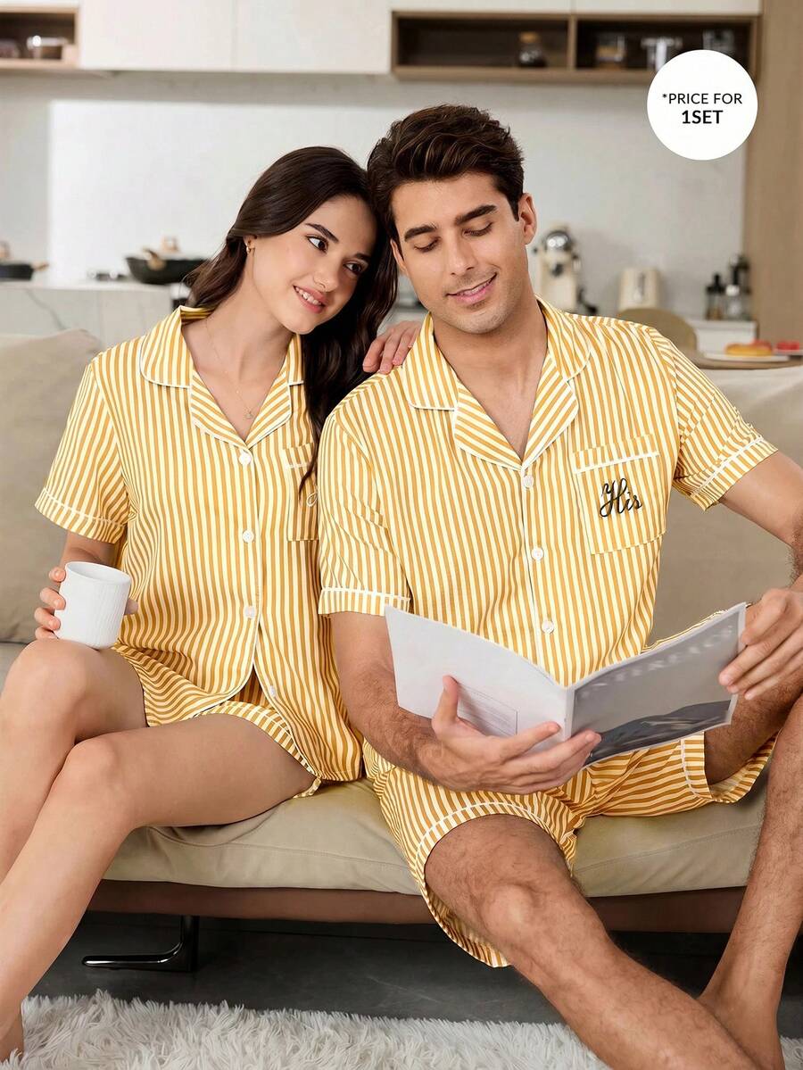 CoupledUp Men's Casual Blue & White Striped Simple Letter Print Loungewear Pajama Set - Yellow - View 1