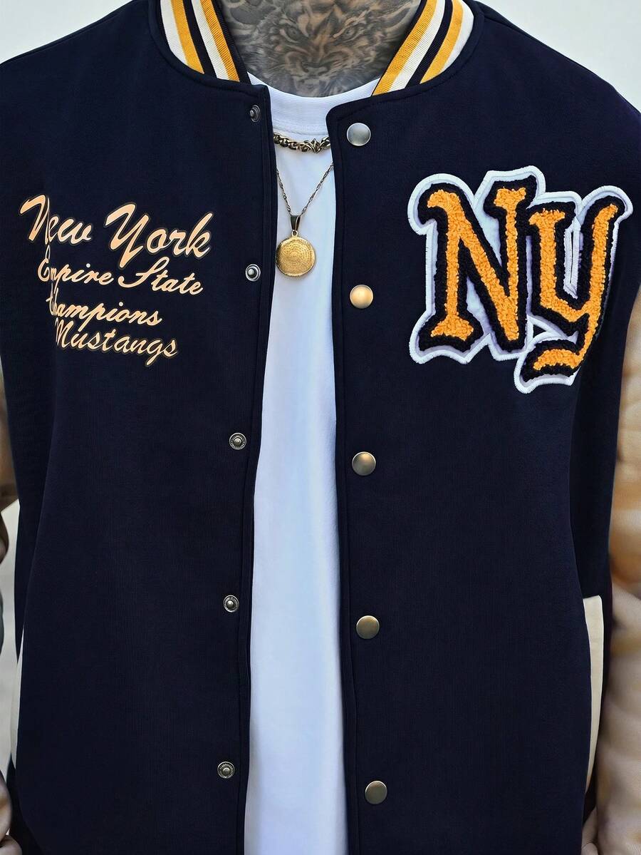 Devon Thys Aesthetic Post--Men's Solid Color Patchwork Front Button Letter Print Casual Baseball Jacket, Going Out Street Wear Long Sleeve Rave Color Block Jacket, For Friends, Husband, Boyfriend Gifts, For Fall - Multicolor - View 1