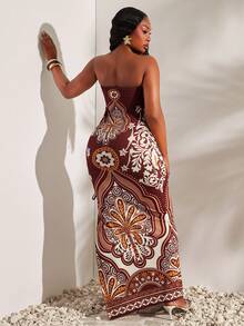 Radiana Plus Size Women Spring/Summer Vacation Plant Print Side Drawstring Slit Hem Strapless Dress - Multicolor - View 2