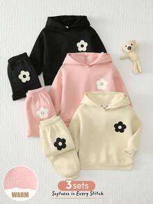 Cozy Pixies 女嬰 T-shirt 套裝 針織女嬰秋冬款 可愛純色米色粉色黑色可愛花卉圖案連帽衛衣彈性腰長褲 6件套買1送3適用秋冬基礎款舒適可愛 - 彩色 - 查看 3