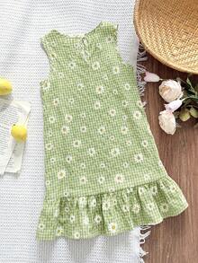 Emery Rose Kids Emery Rose Kids 女童休閒度假時尚黃白格紋雛菊圖案圓領無袖洋裝 - 綠色 - 查看 2