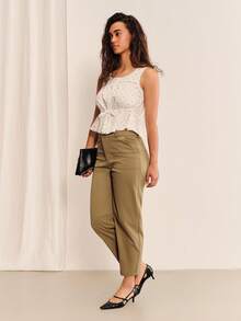 lacRébo Relaxed Khaki Mid-Rise Waisted Cargo Pants With Patch Pockets And Tapered Legs Autumn Going Out Office Work Pants Casual - Green - View 5