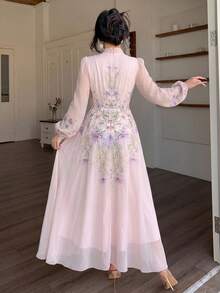 Modelyn 女士系带腰部褶皱印花长袖连衣裙 - 淺粉色 - 查看 2