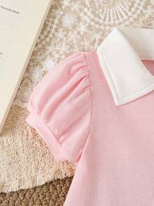 SHEIN 女童夏季粉色 Polo 領洋裝，嬰兒學院風泡泡袖雛菊刺繡荷葉邊公主裙 - 粉色 - 查看 6