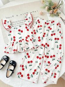 LMoss Kids Red Flutter Sleeve Tank Top Set, Suitable For Toddlers In Spring, Summer And Autumn, Large Bow Design On The Back Of The Top Cherry Print Holiday Vibe - Red and White - View 2