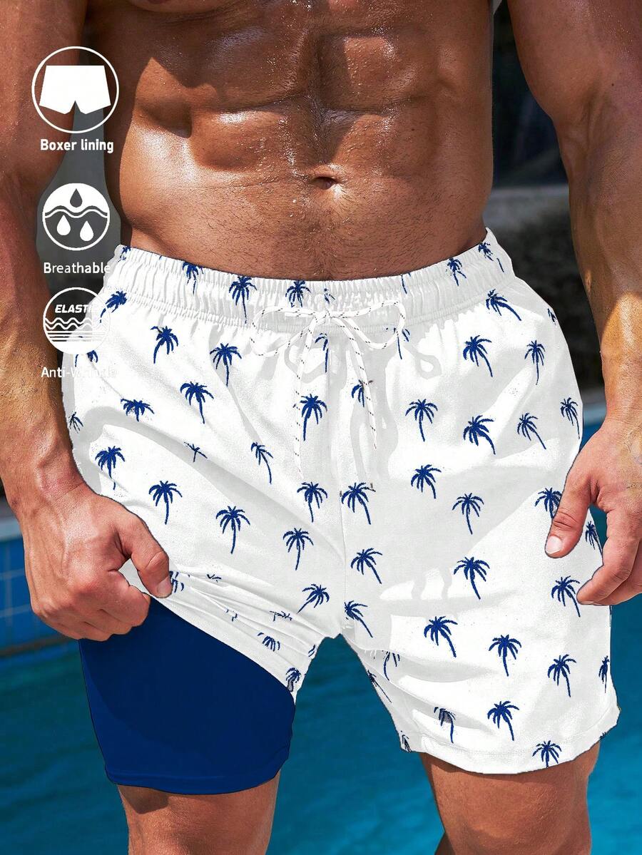 Manfinity KASUA Men's Elastic Waist Drawstring All-Over Print Summer Beach Shorts - Multicolor - View 1