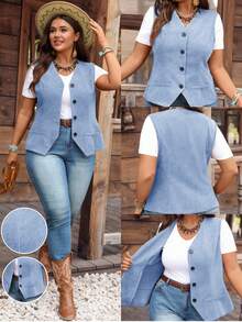 EMERY ROSE Plus Size Women's Solid Color Single Breasted Casual Versatile Daily Travel Vest Jacket - Blue - View 1