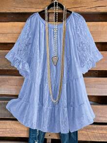 Rusticease Plus Size Women's Round Neck Half Sleeve Solid Color Sweet Top - Blue - View 7