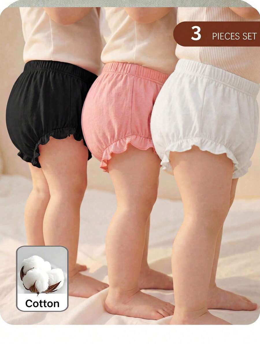 3pcs Baby Girl Knitted Casual Solid Color Elastic Waist Triangle Briefs - Black and White - View 1
