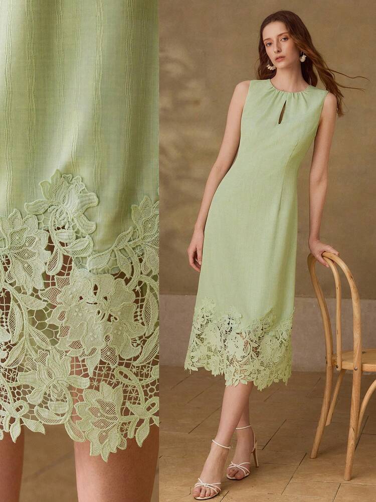 WOMEN'S APPLIQUE MANDARIN COLLAR MID-LENGTH DRESS