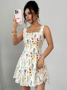 Rafferiza Ditsy Floral Square Neck Tie Waist A-Line Sleeveless Dress For Women - Multicolor - View 4