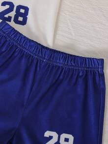 Set băieți tineri ținută sport americană, maiou fără mâneci și pantaloni scurți, 2 piese, cu imprimeu grafic desen animat și litere Chicago, stil streetwear energic, uniformă de baschet, nou de vară - Albastru si alb - Vizualizare 7