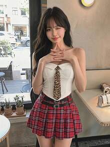 SHEIN MOD Summer Fashion Leopard Print Collar White Tube Top,Tube Top - White - View 2