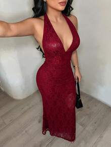 SHEIN SXY 酒紅色掛脖性感蕾絲魚尾裙 - 酒紅色 - 查看 4