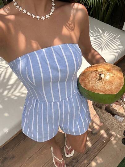 Sunnyshic Women's Spring/Summer Blue & White Striped Cotton Fabric Bandeau Backless Cinched Waist Loose Shorts Jumpsuit, Vacation Beach Commute Office Minimalist Shopping Date Daily Versatile