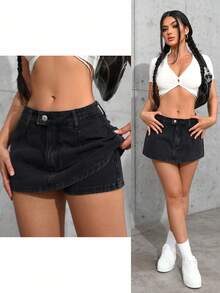SHEIN ICON Women's Button Decor Waistband Fashionable Denim Mini Skirt Y2k - Black - View 5
