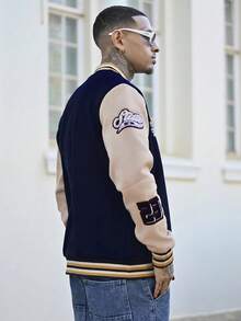 Devon Thys Aesthetic Post--Men's Solid Color Patchwork Front Button Letter Print Casual Baseball Jacket, Going Out Street Wear Long Sleeve Rave Color Block Jacket, For Friends, Husband, Boyfriend Gifts, For Fall - Multicolor - View 4