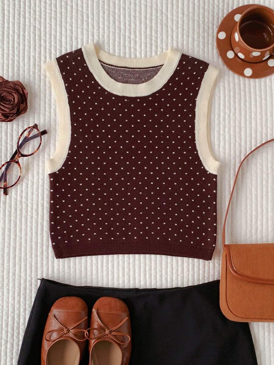 Comfortcana Women's Contrast Color Sleeveless Knit Top - Brown - View 1