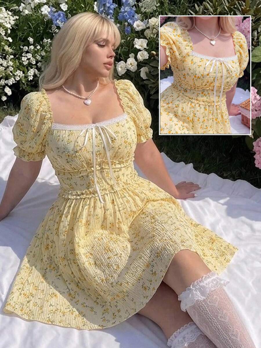 Lyrianda Plus Size Ditsy Floral Square Neck Puff Sleeve Cinched Waist A-Line Dress - Multicolor - View 1