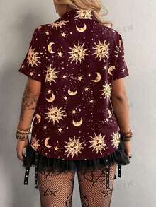 Flirla Black Minimalist Comfortable Casual Turndown Collar Printed Short Sleeve Shirt - Burgundy - View 2