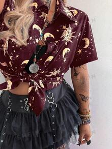 Flirla Black Minimalist Comfortable Casual Turndown Collar Printed Short Sleeve Shirt - Burgundy - View 5