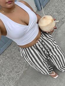 SHEIN PETITE CURVE 大码弹力腰条纹休闲裤 - 黑與白 - 查看 5