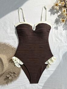 Swim Mod Traje de baño de una pieza para mujer con patrón de onda, borde con volantes, cuello en V pequeño y tirantes finos, nuevo para primavera/verano - Multicolor - Ver 4