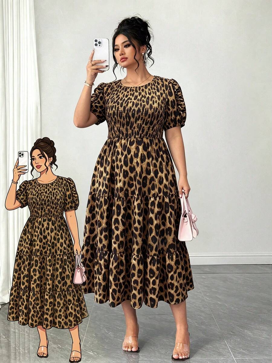 Elenzga Gaun A-line Wanita Ukuran Besar Lengan Pendek Elegan Gaya Liburan Motif Bunga dengan Karet Dada dan Pinggang yang Dikencangkan, Patchwork Berlapis-lapis, Cocok untuk Musim Semi dan Musim Panas - Coffee Brown - View 1