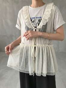 FRIFUL 女款甜美時尚荷葉邊繫帶透視背心上衣 - 米色 - 查看 4