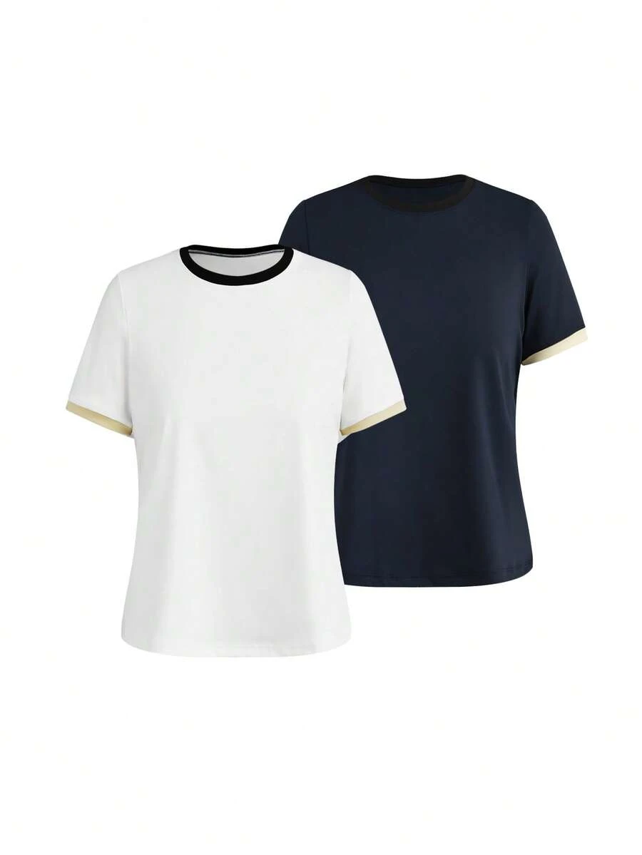 SHEIN Cheerettes Women's Simple Versatile Striped Colorblock Round Neck Short Sleeve Sports T-Shirt 2pcs/Set