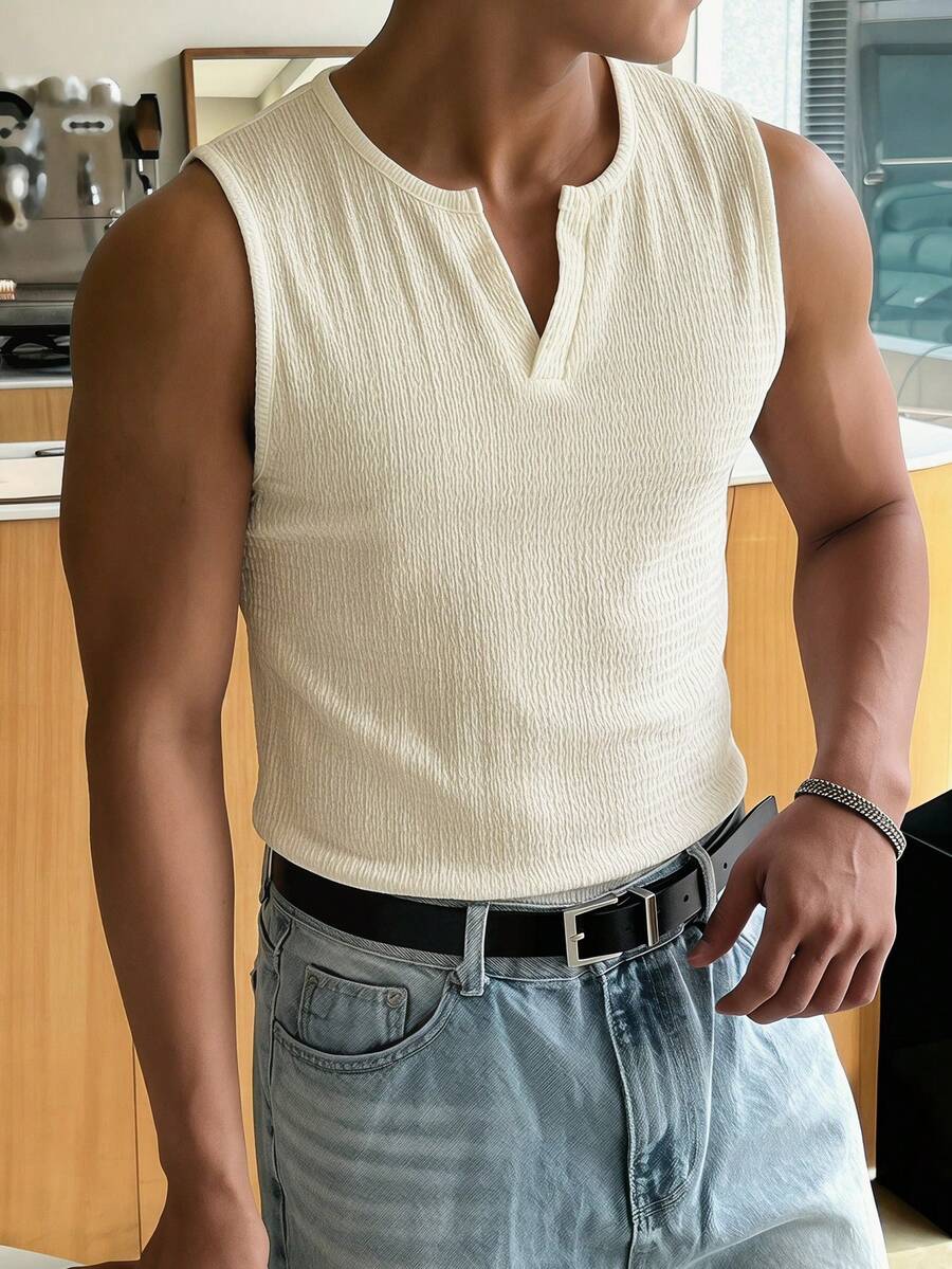 DAZY Camiseta de tirantes casual versátil de unicolor con cuello en V con muesca para hombres - Albaricoque - Ver 1