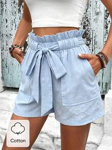 BamGleam Women's Solid Color Drawstring Pocket Ruffle Hem Shorts Beach Baby Blue Summer Casual - Blue - View 8