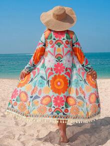 Swim Lushoire Women's Floral Placement Print Cover Up With Detachable Belt, Beach Party Vacation Kimono Cover-Up - Multicolor - View 2