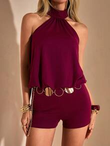 Bluhae Summer Women's Elegant Sexy Halter Neck Backless Tight Jumpsuit, Beachwear Vacation Club Going Out Night Party Magenta - Purple - View 4