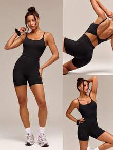 GLOWMODE 4.3" FeatherFit™ GlowTwist Tummy Control Bodysuit With Adjustable Straps Side Pockets Anti-Slip Grips Removable Cups Yoga Studio Pilates Daily Wear - Black - View 11
