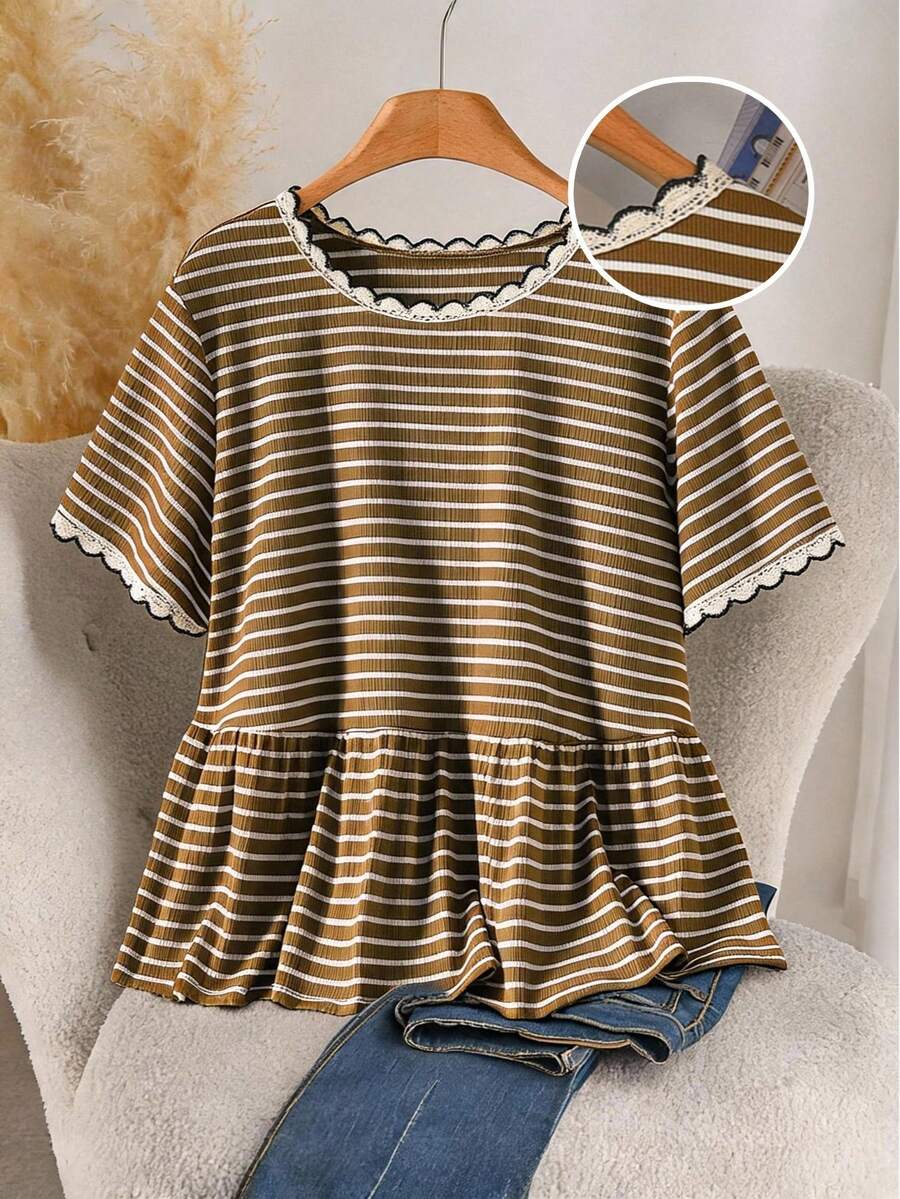 CosyJoli 大尺碼女款條紋寬鬆短袖上衣,休閒女裝 T-shirt - 棕色 - 查看 1