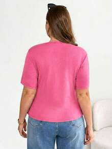 Shapeblank Camiseta negra básica de manga corta para mujer talla grande, con cintura fruncida, bajo irregular y versátil, cómoda y elástica, para uso diario, ideal para looks de verano y sal - Rosa Fucsia - Ver 2