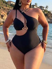 SHEIN Swim 大尺碼女款夏季純黑色不對稱單肩連身泳衣，度假風性感優雅腰部鏤空金屬環設計 - 黑色 - 查看 4