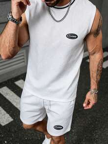 Manfinity Joysei Men's Knitted Jacquard Solid Color Textured Ribbed Collar Sweater Vest Set, Holiday - White - View 1