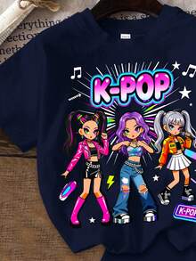 少女極簡時尚彩色K-POP女團字母星星印花短袖T恤與緊身短褲套裝 - 彩色 - 查看 4