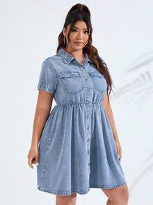 SHEIN ICON 大尺碼夏季休閒前開扣牛仔洋裝 - 淺色水洗藍 - 查看 5