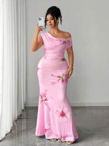 Elenzga Große Größen Damen gestricktes elegantes Kleid mit tiefem Ausschnitt, ärmellos, seitlich gerafft, körperbetont, Soft Pink Blume Muster - Pink - Übersicht 4
