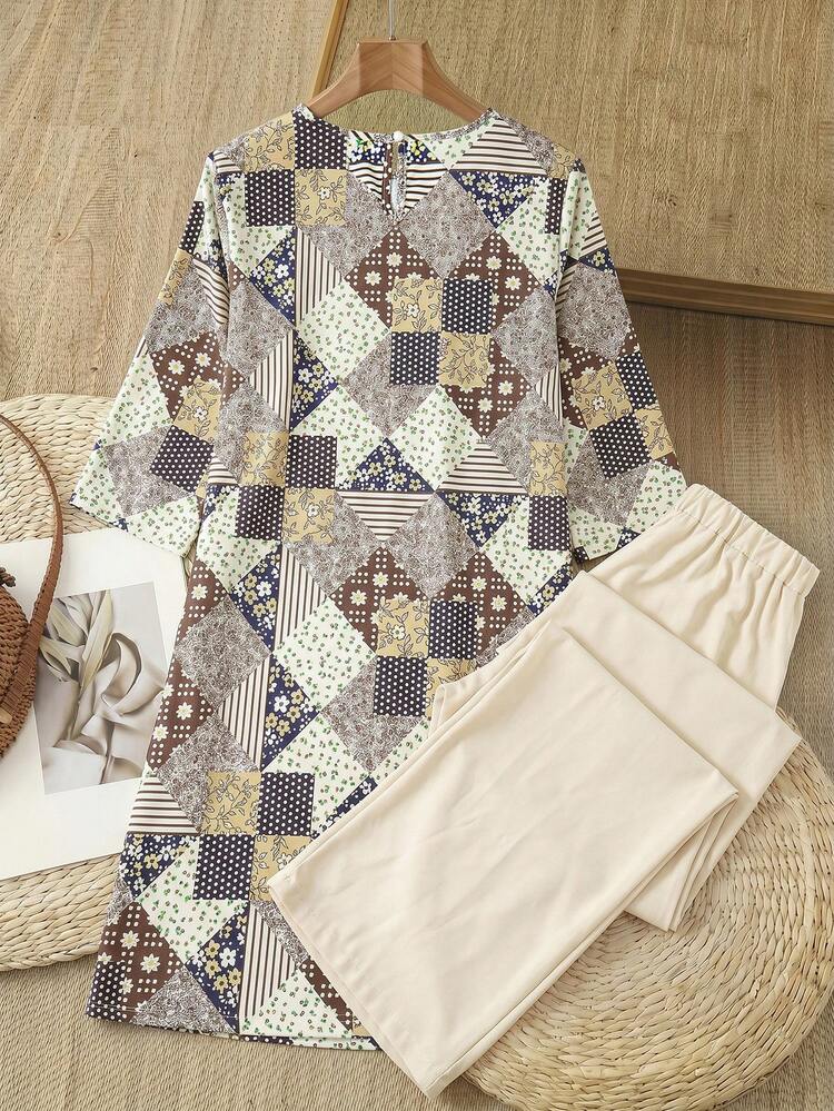 Plus Size Women Patchwork Pattern Short Sleeve Long Shirt And Pants Casual 2 Pieces Set Beach Outfit For Women