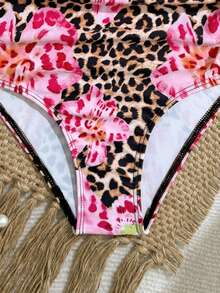 SHEIN Tween Girl One-Piece Swimsuit Cute Pink Lily Leopard Print Knit Fabric Ruched Front Side Bow Solid Shoulder Strap Fashion Casual Exquisite Elegant Lady Suitable For Swimming Suitable For Summer - Multicolor - View 6