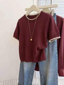 Franclia French Vintage Loose Round Neck Short Sleeve Knit Contrast Trim Beige Women's Spring Autumn Knit Top - Burgundy - View 4