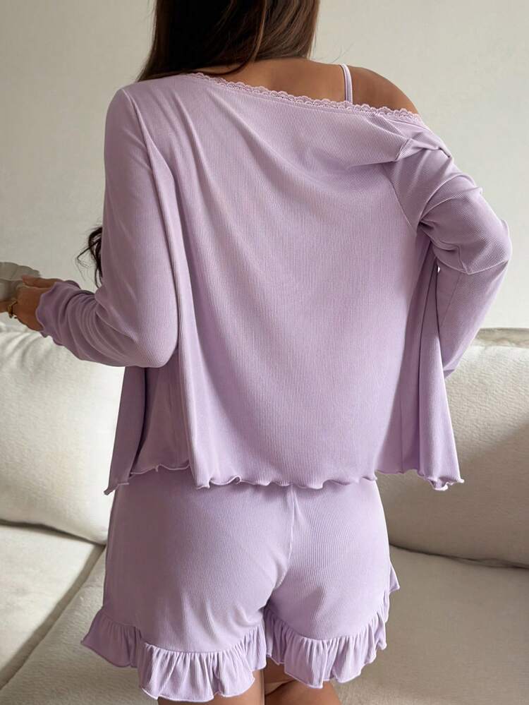 Women's Solid Color Camisole Shorts Long Sleeve Top Pajama Set