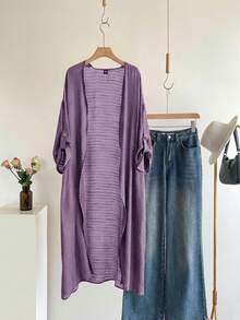 SHEIN Tall CURVE 大尺碼女款外套，秋季上衣，適合辦公室、度假、家庭旅行、外出穿著，紫色休閒寬鬆款 - 紫色 - 查看 7